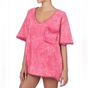 SOLD Zenana Pink Oversized Boyfriend Tee Acid Washed V-Neck Pink Top - S